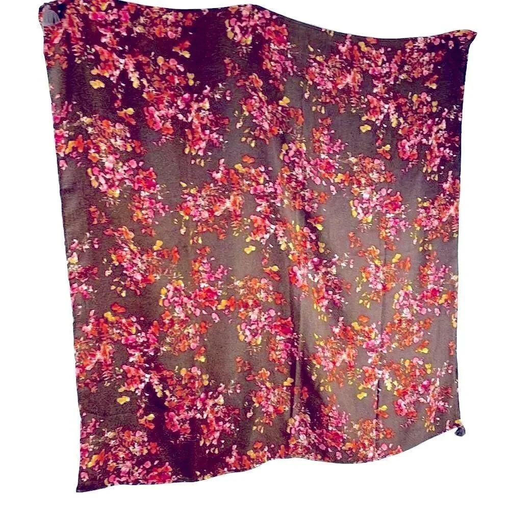 Brown with pink & green almost square scarf w 2 tassels on opposite corners